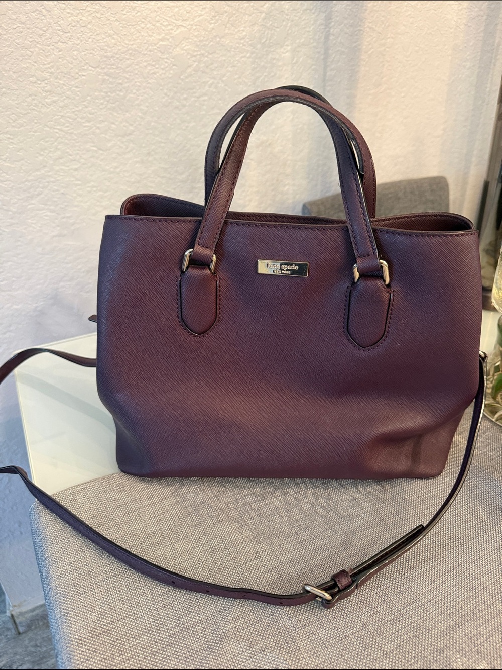 kate spade Plum Saffiano Leather Satchel with Crossbody Strap